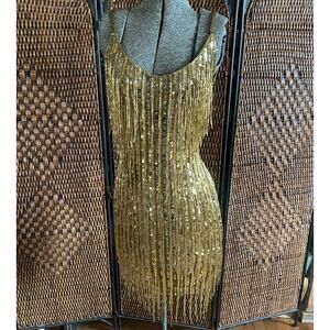 Size S//Vintage 90s Oleg Cassini Black Tie Gold Beaded Dress